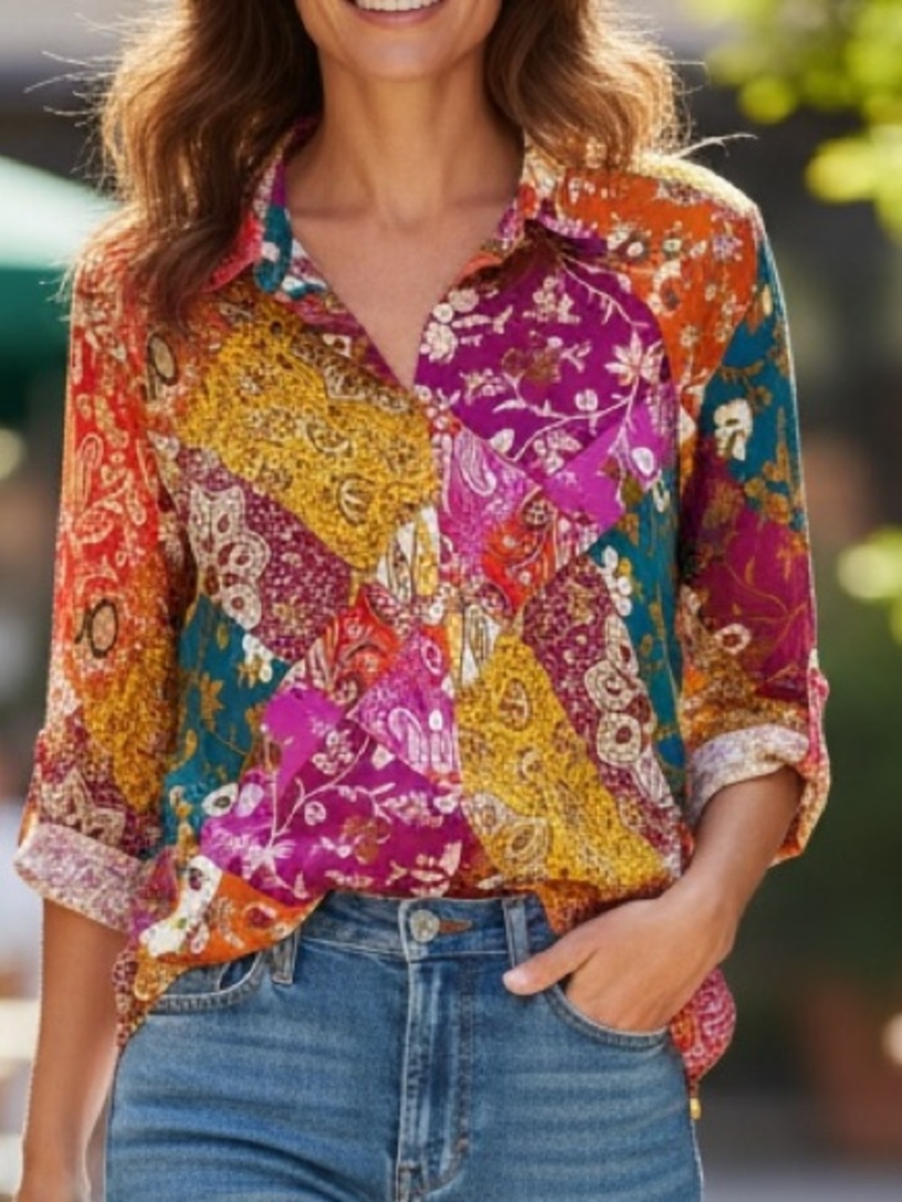 Rose & Olive Multicolor Patchwork Paisley Button-Down Shirt
